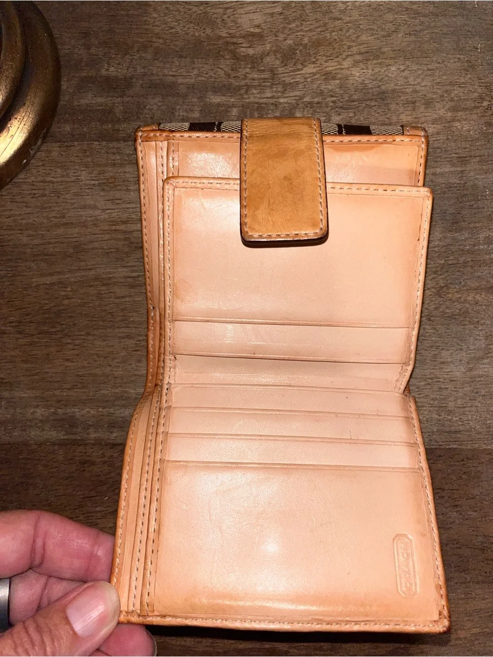 Coach Brown Signature Canvas Bifold Wallet with Tan Leather Trim